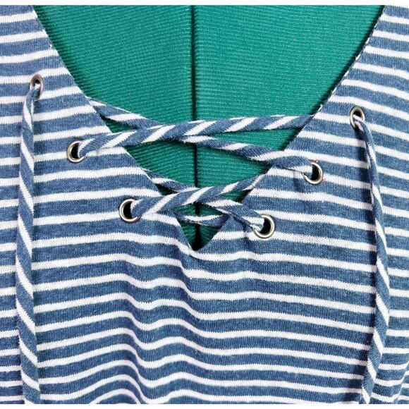 Gap Linen Blend Tee Shirt Lace Up Front Plus XXL Coastal Navy Blue White Stripes - Picture 7 of 12
